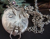 Silver Spiders Delight Necklace, Rhinestone Set Flowers, Web Chainmallie Chain, Hand Made, Metal Bonded