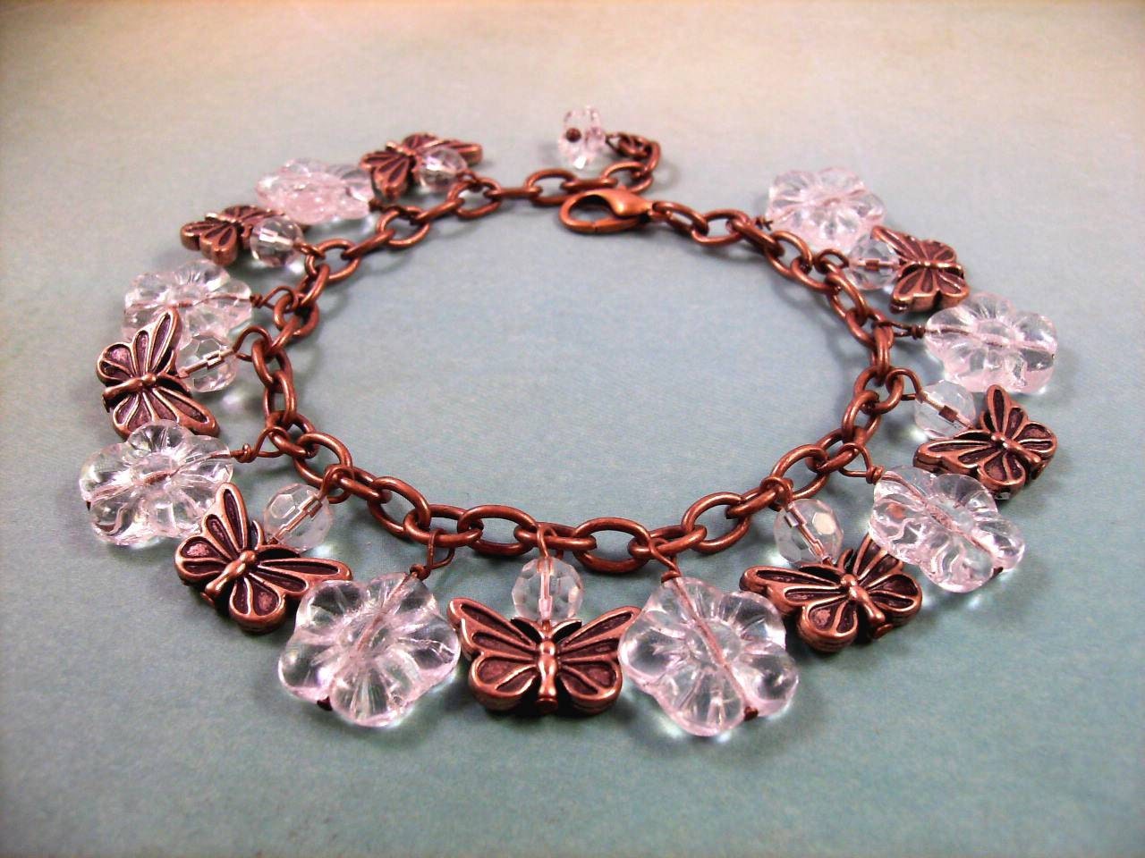 Butterfly Charm Bracelet, Copper Butterfly and Crystal Blossoms Charm Bracelet, FREE Shipping U.S.