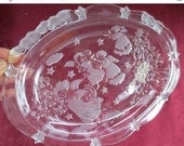 ON SALE Vintage Crystal Glass Etched Serving Dish Christmas Angels
