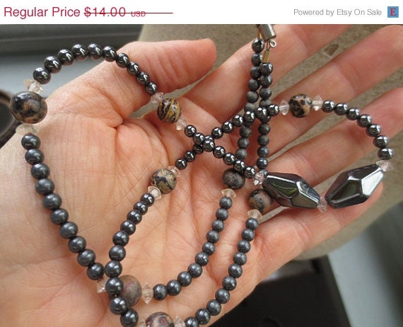 ON SALE Vintage Hematite Blood Stone Long Beaded Necklace