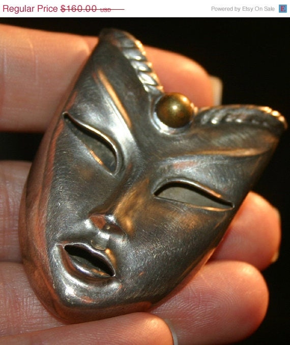 ON SALE Vintage Mexico Sterling Silver Asian Mask Pendant Pin