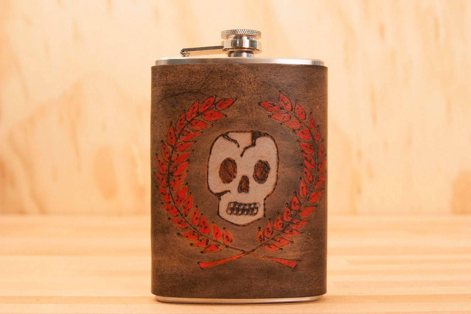 8oz Flask - Leather and Stainless Steel -  Prep pattern with skull
