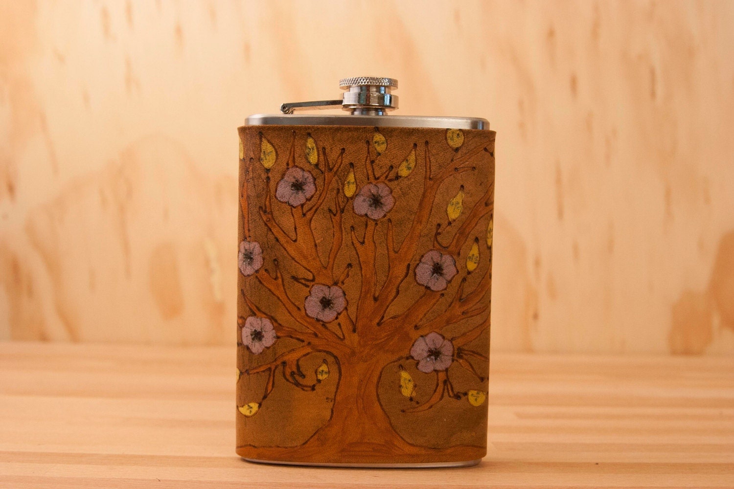 8oz Flask - Leather and Stainless Steel - Growth Pattern in purple, yellow and antique brown