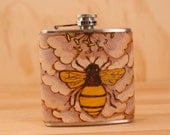 Honeybee Flask - Leather and Stainless Steel - Flower and bee in purple, yellow and antique brown
