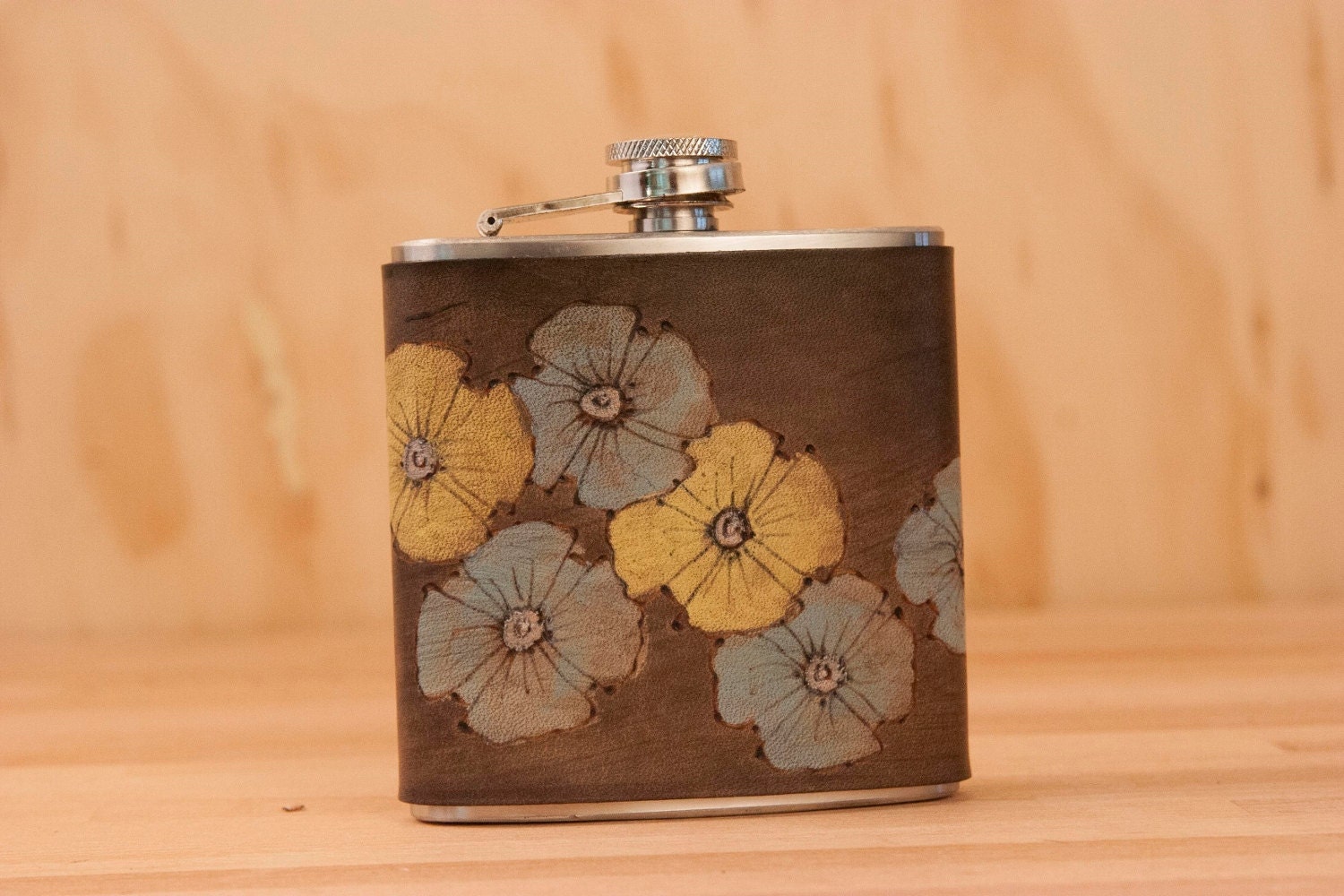 Poppy Garden Flask - Leather in yellow, sage and Antique Black - Stainless Steel 6oz