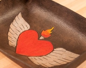 Leather Catch-All Tray - Red, Silver and antique black - Winged heart Pattern