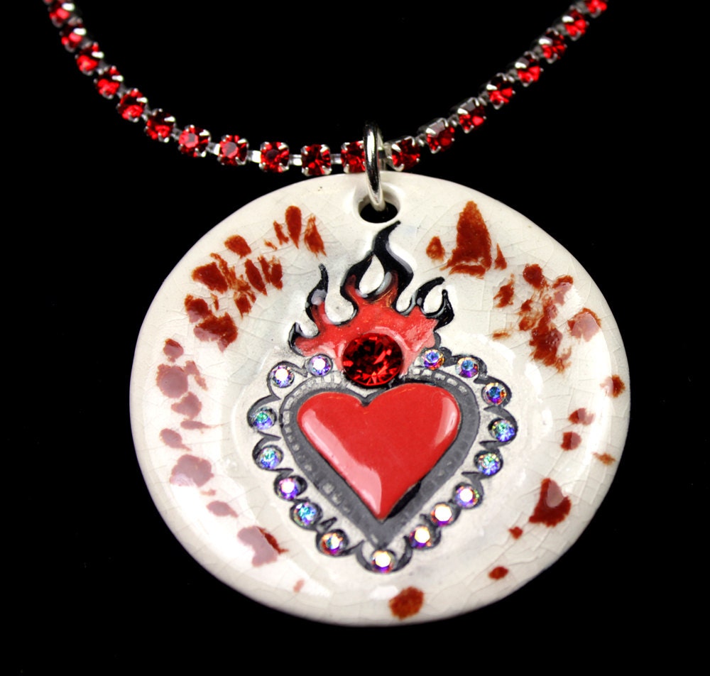 Flaming Heart Sparkle Surly Necklace with Swarovski Crystals and Red Rhinestone Chain Large Size