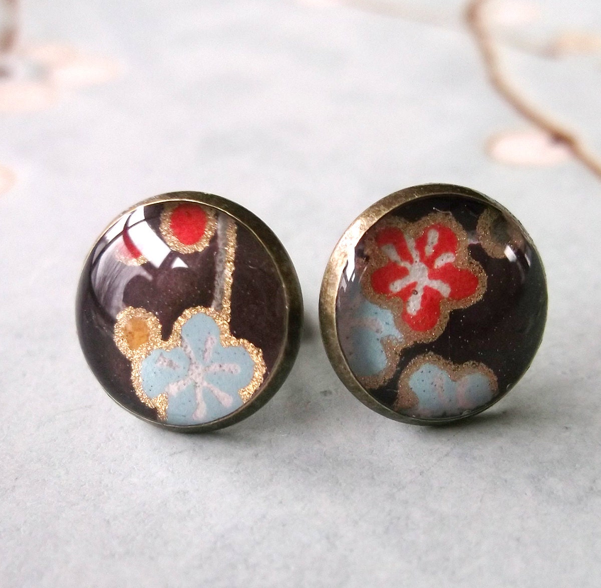 Japanese Post Earrings Antique Brass Chiyogami Washi. Chocolate Garden