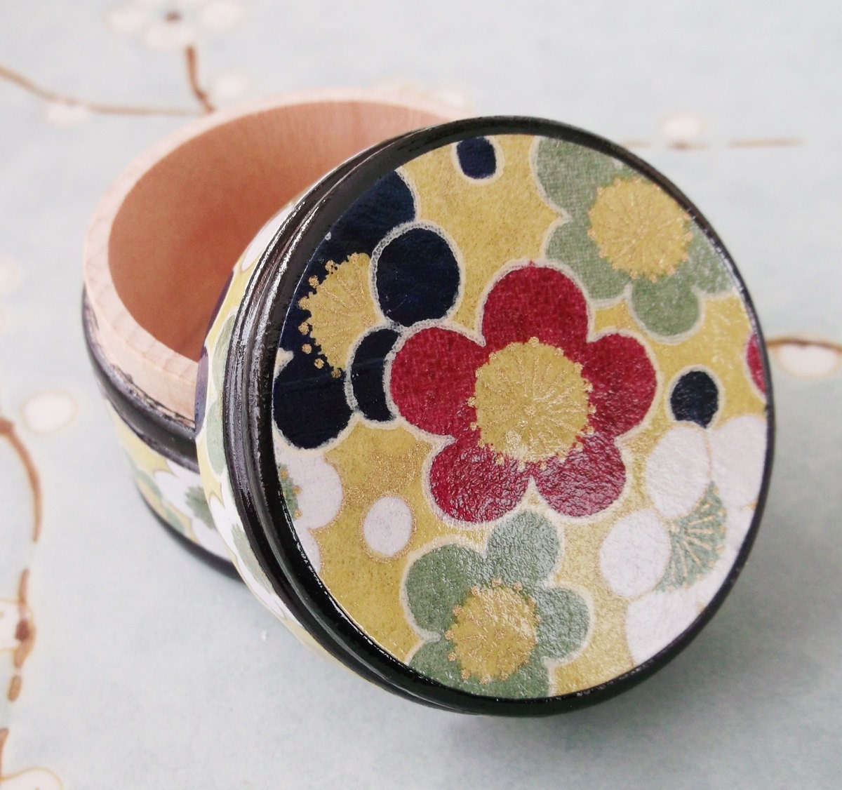 Keepsake Box Wood Japanese Chiyogami Washi Gift Box. Vintage Ume