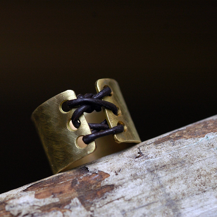 Bronze hammered corset ring with leather accent - edgy trendy sexy ring - made to order