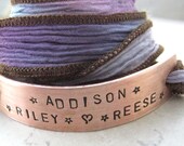 Personalized Mothers Bracelet, Ocean Waves Silk Ribbon Wrap, aluminum or copper bar with hand dyed ribbon, 30 character max