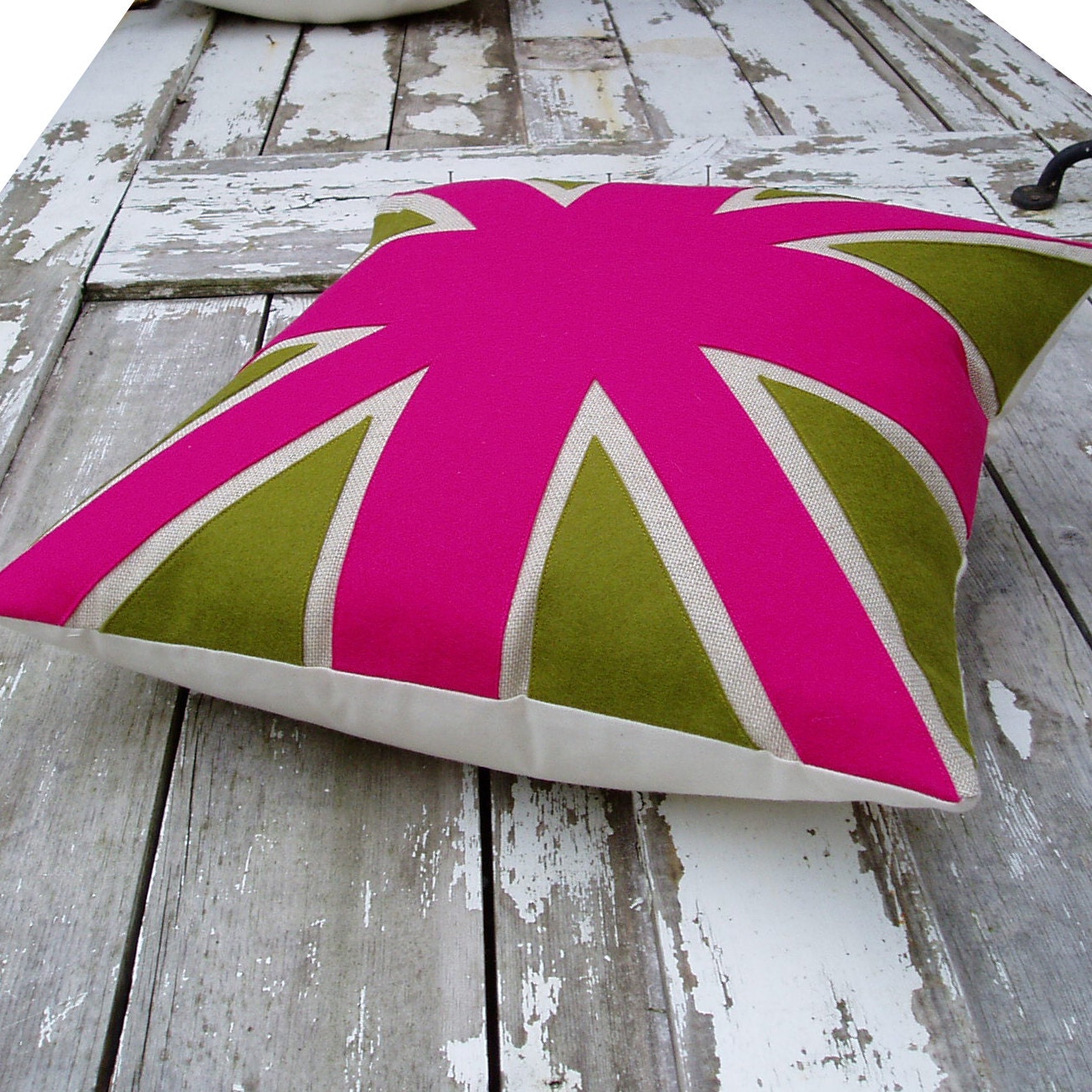 Hot pink and green UNION JACK cushion/pillow in linen, cotton and appliqued wool felt fabrics.