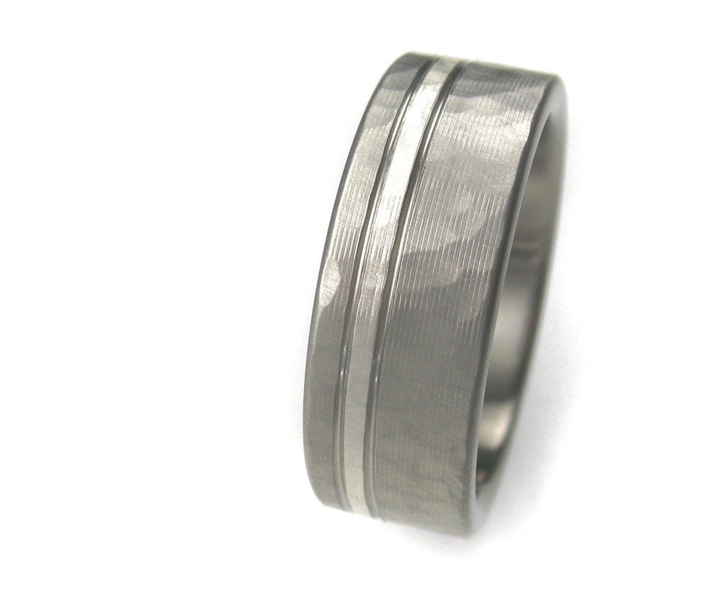 Men's Wedding Band Titanium & Silver Hammered