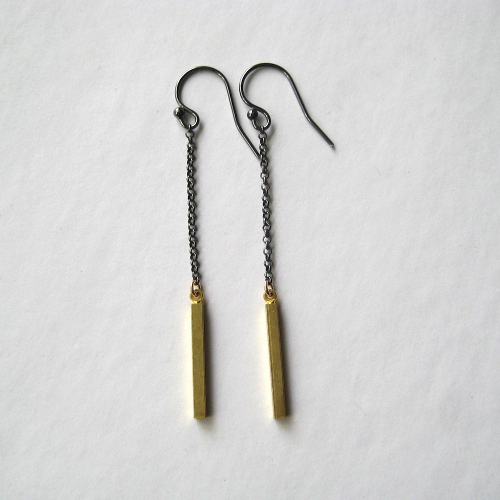 Brass Bar Earrings, Linear Chain Earrings, Oxidized Sterling Silver Earrings, Minimal Jewelry, Mixed Metal Jewelry