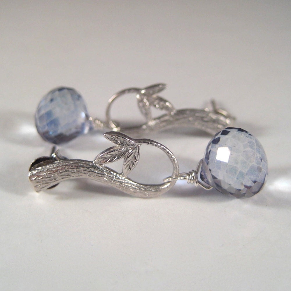 Blue Quartz Earrings, Mystic Quartz Earrings, Faceted Gemstone Briolette Earrings, Brass Twig, Dusk Blue