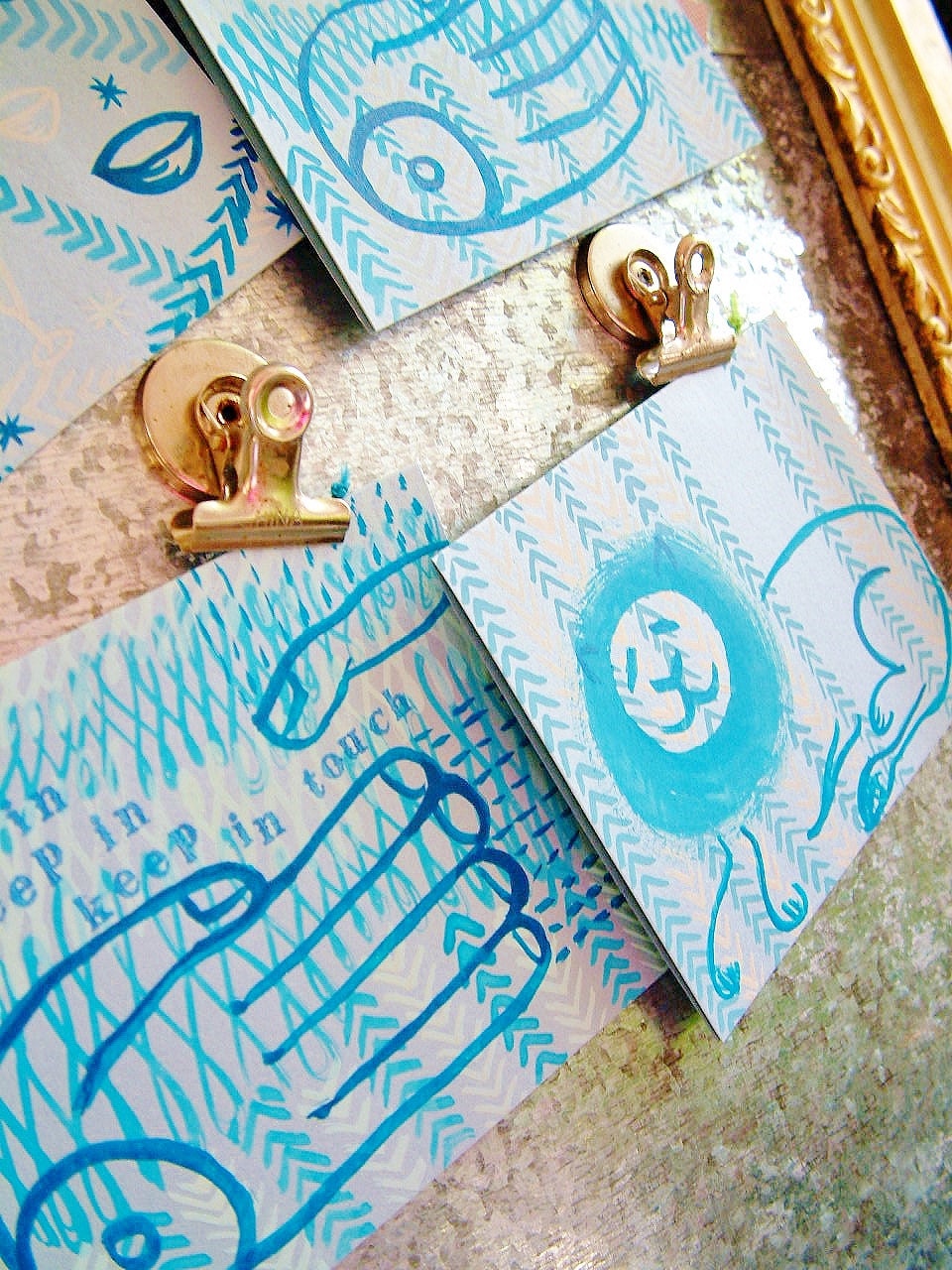 Hand Painted Modern Mixed Media Stationery Card Set in Blue Flamboyant Chevrons, Lions and such