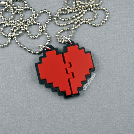 Laser cut acrylic 8 bit Pixel Health Heart Best Friend necklace set of 2