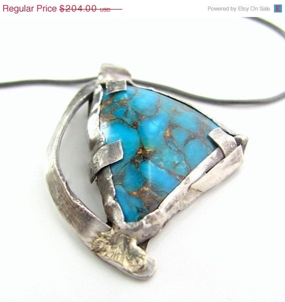 20% off sale Genuine turquoise necklace sterling silver 14K gold metalwork pendant Art jewelry December birthstone