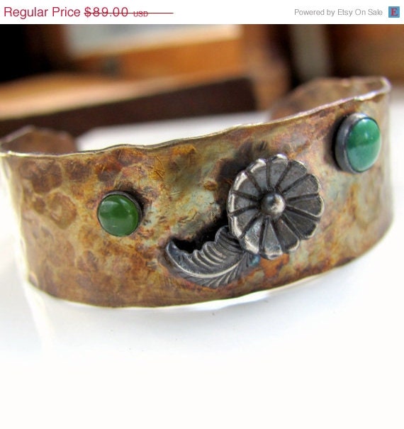 20% off sale Hammered brass sterling silver green jade malachite cuff bracelet flower leaf rustic