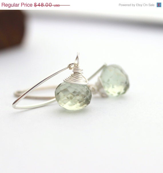 20% off sale Green gemstone earrings, amethyst earrings, sterling silver wire wrapped, prasiolite, February birthstone, drop earrings