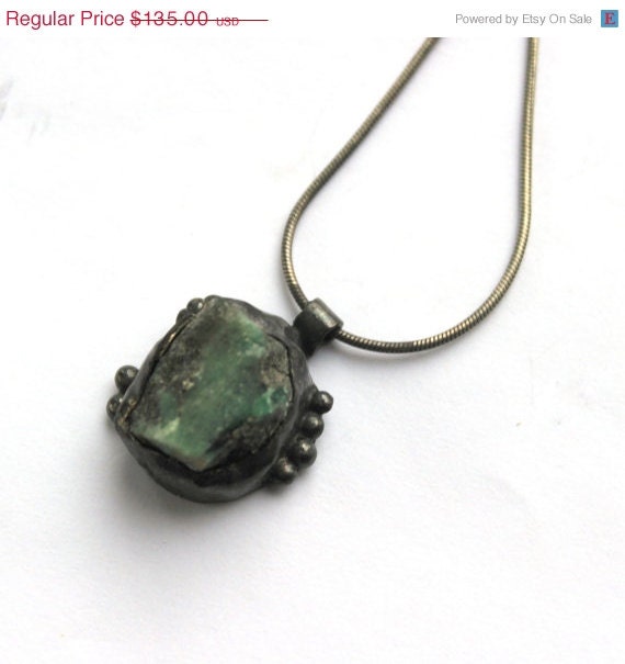 20% off sale Raw gemstone pendant, rough natural green emerald necklace, dark sterling silver, one of a kind, statement necklace