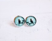 Birds on branch stud earrings - Teal and black silhouette - animal,woodland,vintage,romantic jewelry - gift for her