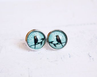 Birds on branch stud earrings - Teal and black silhouette - animal,woodland,vintage,romantic jewelry - gift for her