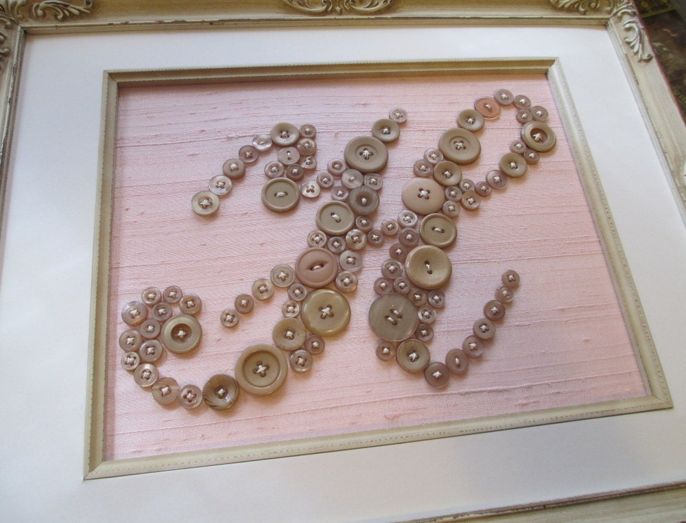 Baby Nursery Button Letter Monogram on Silk -- Taupe Tan Buttons on Light Pink Silk -- Ready-to-Frame (frame not included)