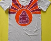 Laughing Buddha batik t shirt hand painted hand dyed tan women yoga clothes - yoga clothing -  size XS, S, M, L, XL