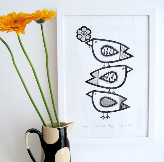 Hand Pulled Birds At Play Screen Print by Jane Foster Limited Edition