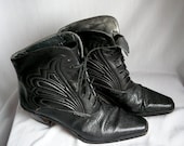 QUILTED Granny Ankle Boots 7 .5 aa  Eur 38 UK 5 Black Leather Lace Ups Punkish Italy