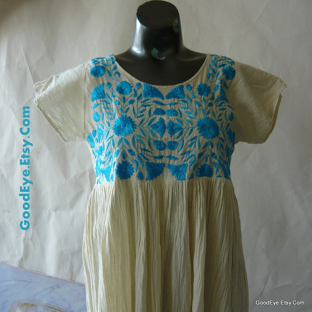 Vintage Embroidered Mexican Dress Tunic small Medium Cinch Back Torquiose Floral