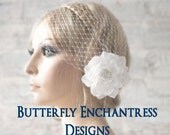 Bridal Hair Accessories, Wedding Hair Clip, White Hair Flower Veil - Rhinestone Tahitian Flower Clip and Detachable Bandeau Veil Set