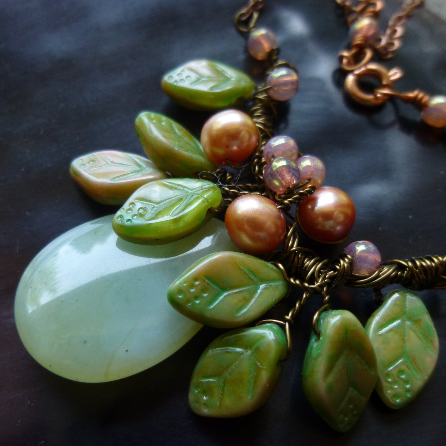 Leaf and Pearl Necklace, Pale Green Soocho Jade, Peach Freshwater Pearls and Glass Bead Wire Wrapped Necklace