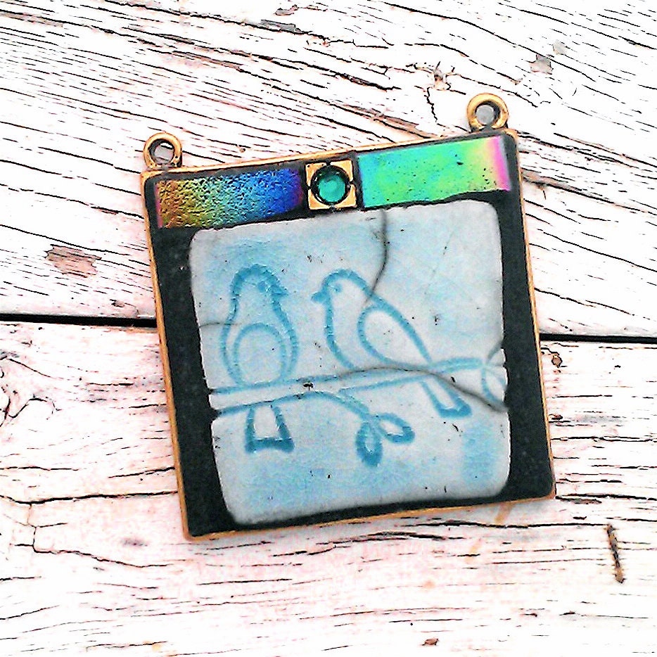 Handmade Raku Ceramic Mixed Media Mosaic Pendant, Two Birds on a Branch, Emerald Swarovski Crystal