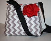 Diaper Bag Book Purse Tote Shoulder Bag Handbag  Hobo  MARKET BAG Grey Chevron Red Flower / Adjustable strap XcessRize Designs