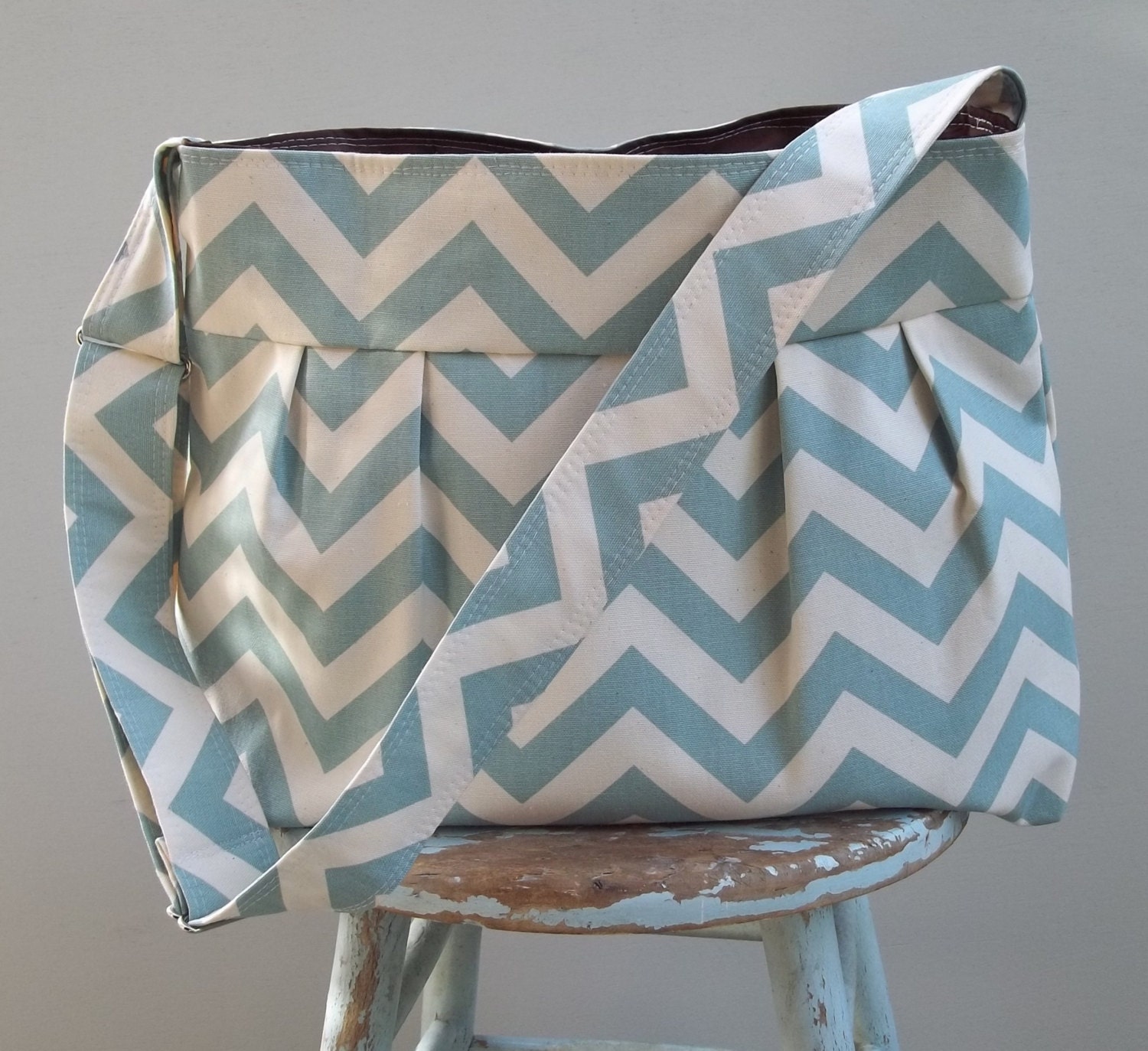 Blue Chevron Diaper Bag XL Custom with Adjustable Strap Key Fob Six Pockets Attaches to Stroller