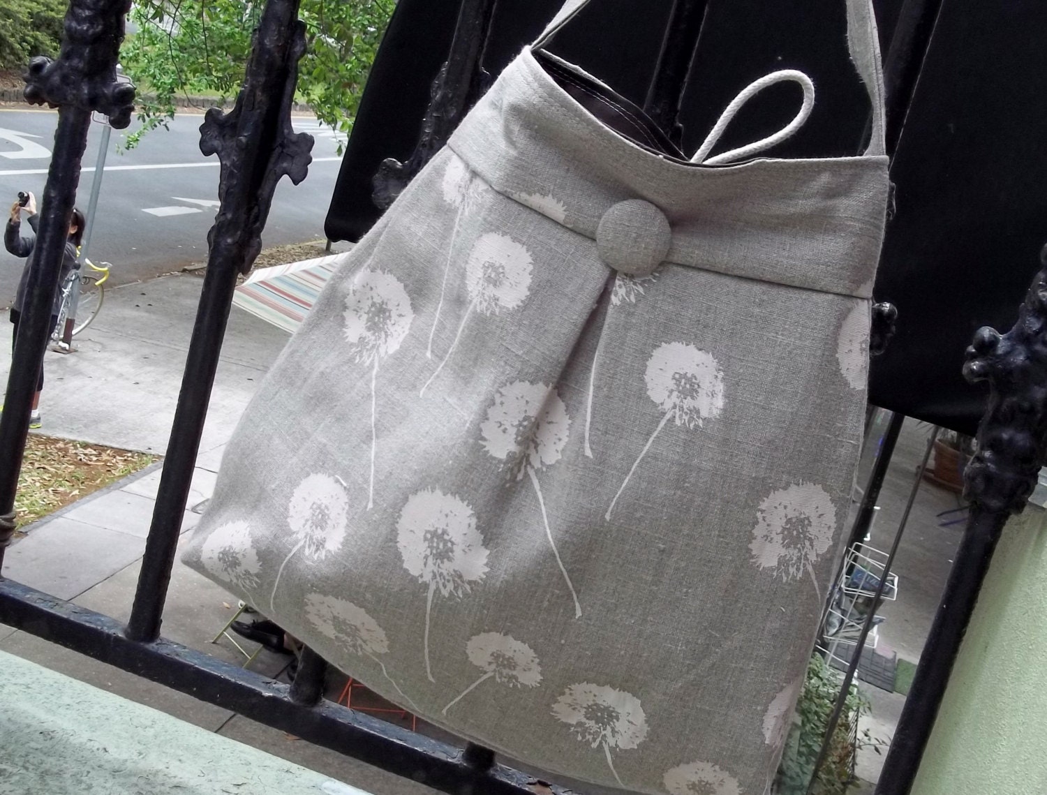 Natural Linen Dandilion Hobo Bag - 3 Pockets - Key Fob - Color Options