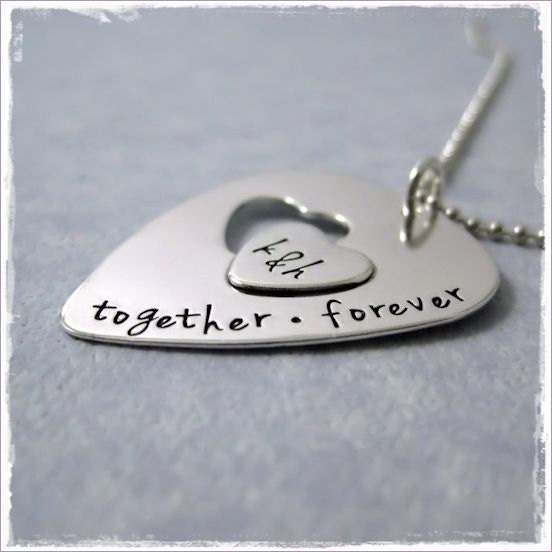 Guitar Pick Necklace -  Hand Stamped Jewelry -  Love Quote Message - Sterling Silver - Letter Initial Heart