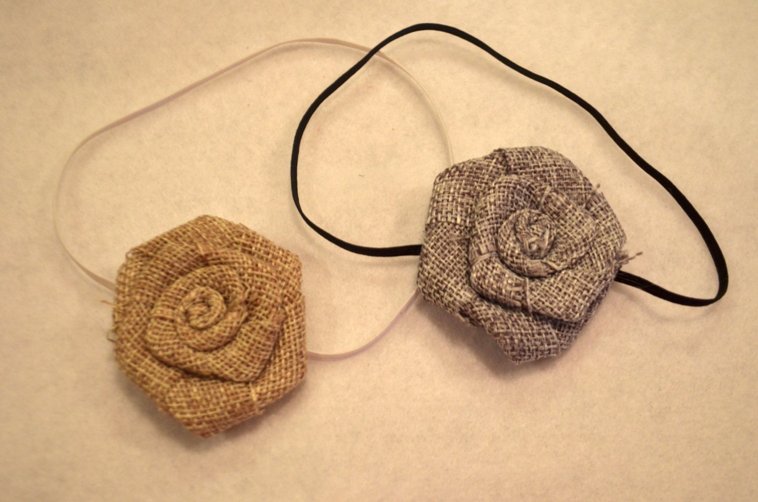 Burlap Rose Headband Gray Tan Skinny Headband Newborn Infant Toddler Child Adult Photography Prop