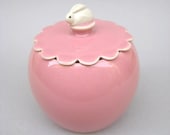 Heart Bunnies Carnation Pink Jar- Scalloped Lid- Hand sculpted wheel thrown stoneware and porcelain pottery
