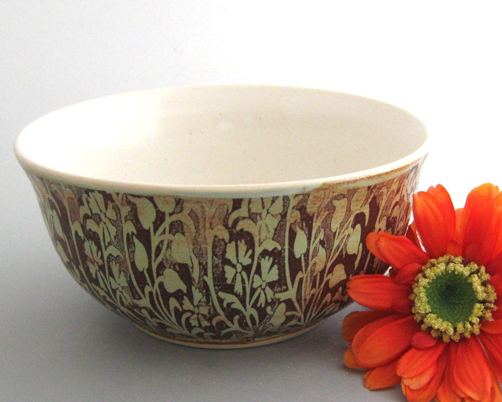 Handmade Ceramic  Bowl - Green Vines- Decorative - Functional -  Hand Thrown Stoneware Pottery