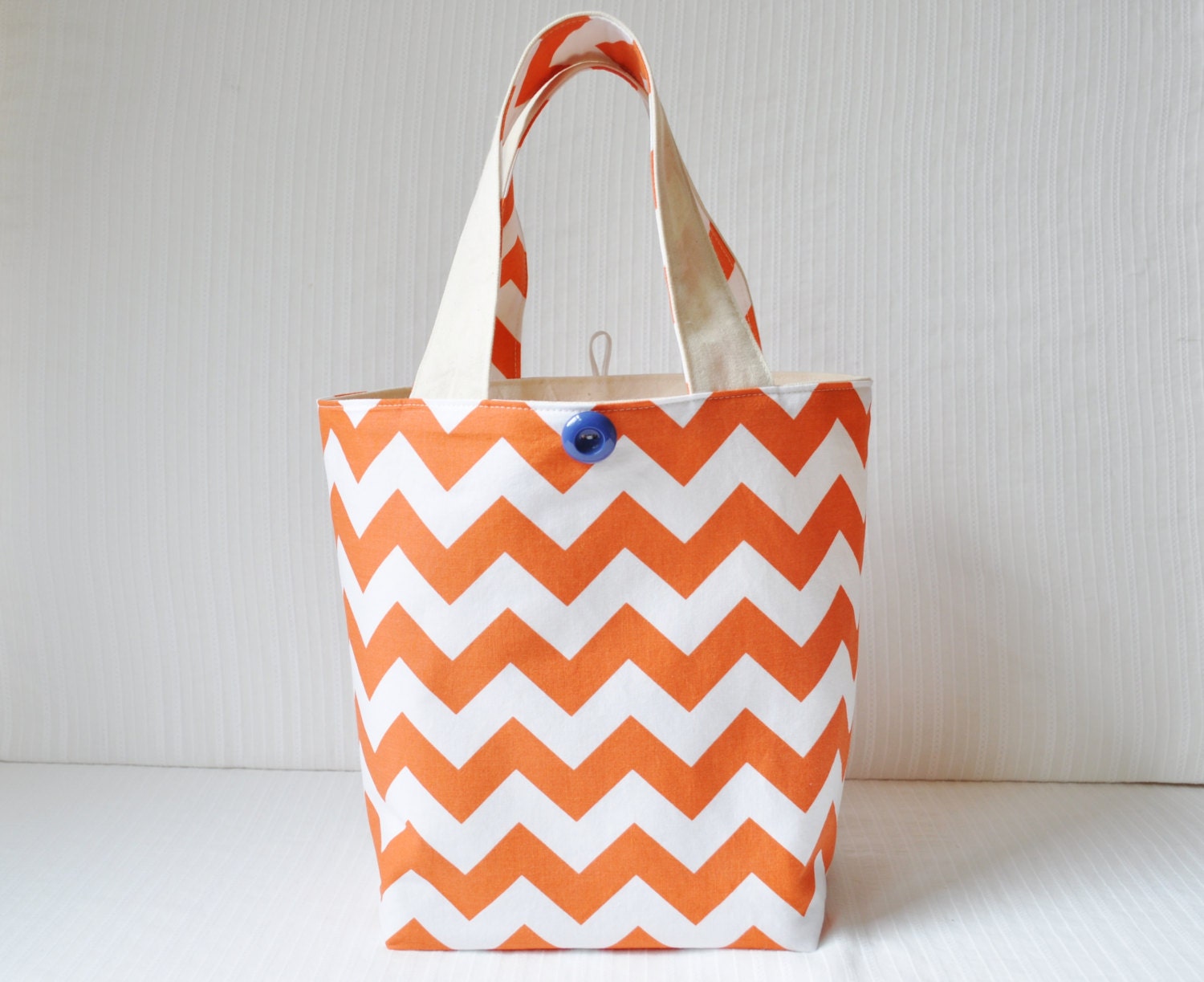 Orange Chevron Project Bag - Medium Cotton Tote in Orange and White