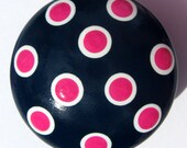Hand Painted Drawer Knob, Navy Blue, Hot Pink and White Polka Dots, Door Pull