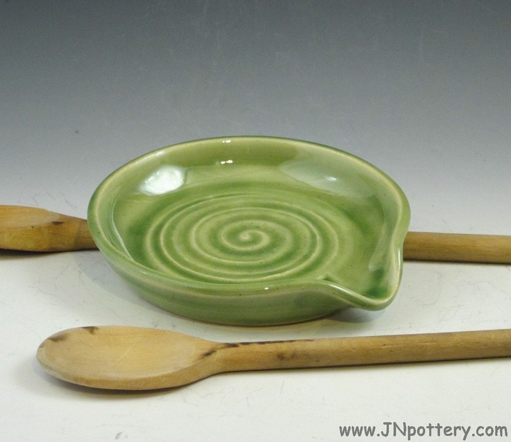 Ceramic Spoon Rest, Stoneware Coaster, Trinket Dish, Celadon Spring Green  h113
