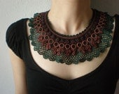 Green Sienna Lace - Circular Motion ... Beaded Crochet Necklace - Beadwork - Mauve Taupe - Forest Green
