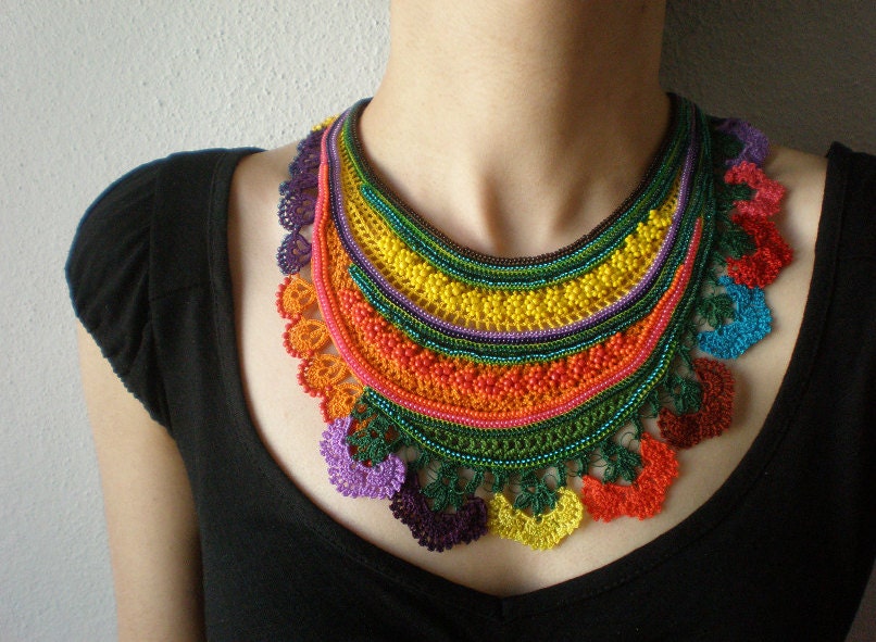 Sarracenia Flava ... Freeform Crochet Beaded Necklace -  Yellow Orange Purple Green - Colorful Flowers - Beadwork Bib Statement Necklace