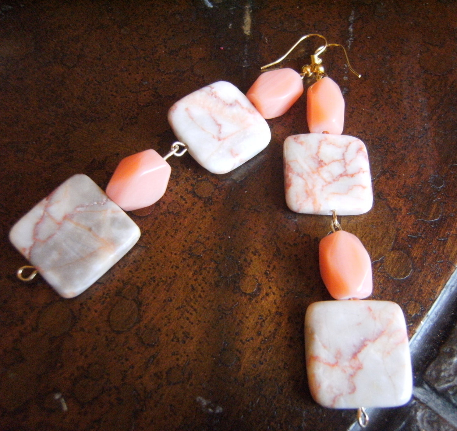 Peachy Keen Acrylic and Redline Marble Beaded Dangle earrings