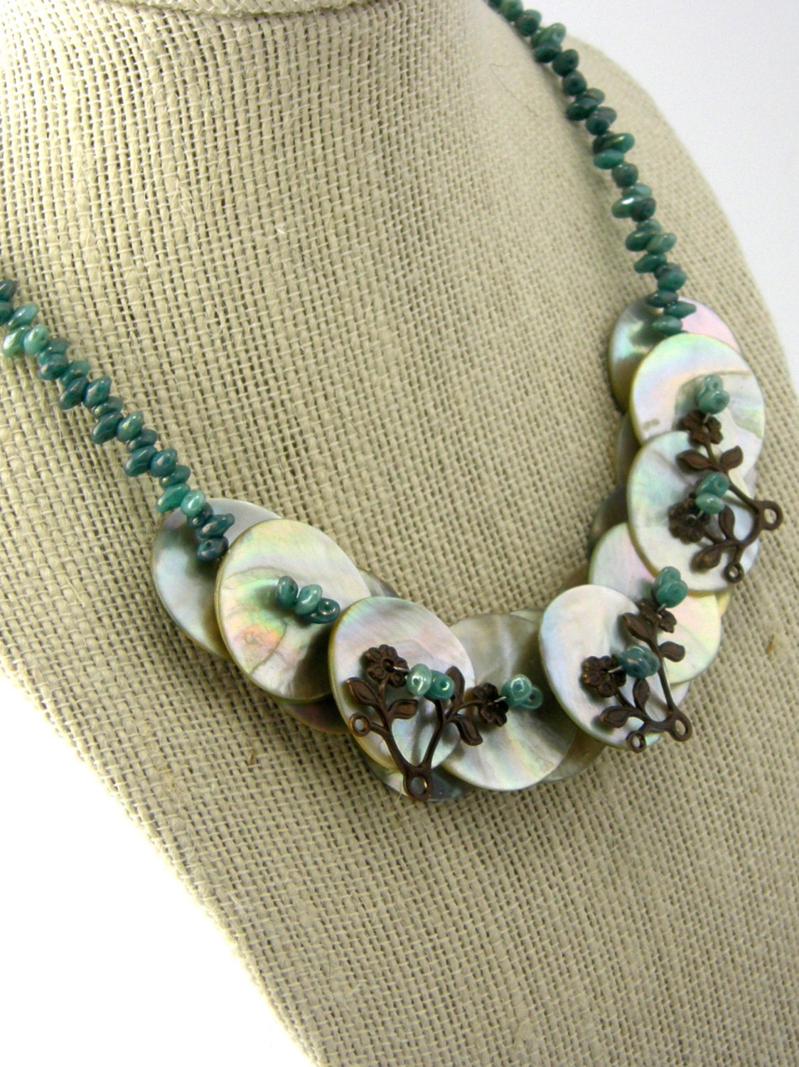 Green Turquoise Spring Flower Button Necklace Mother of Pearl