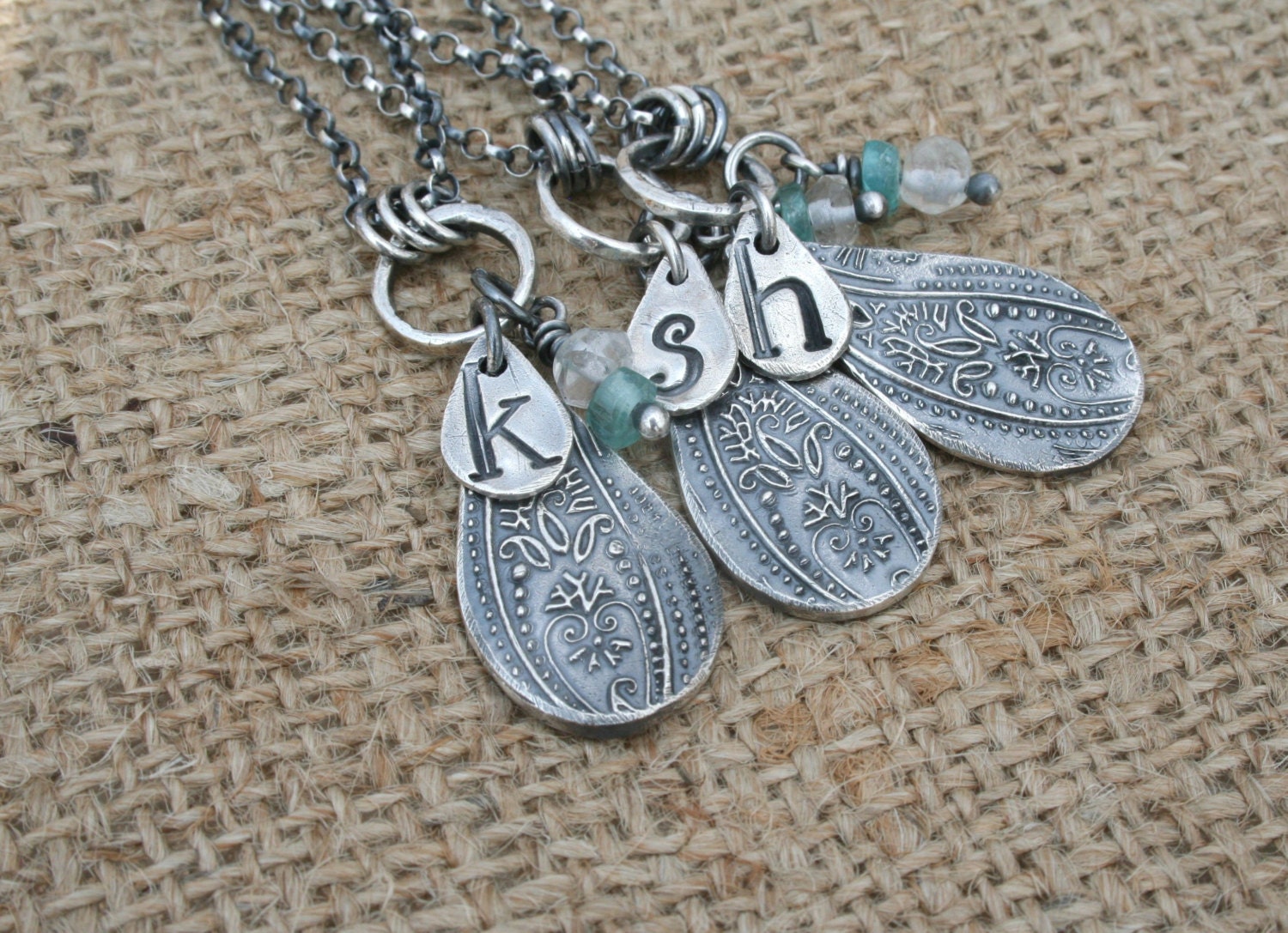 Rustic Silver Necklace Collection - Paisley Drop Monogram